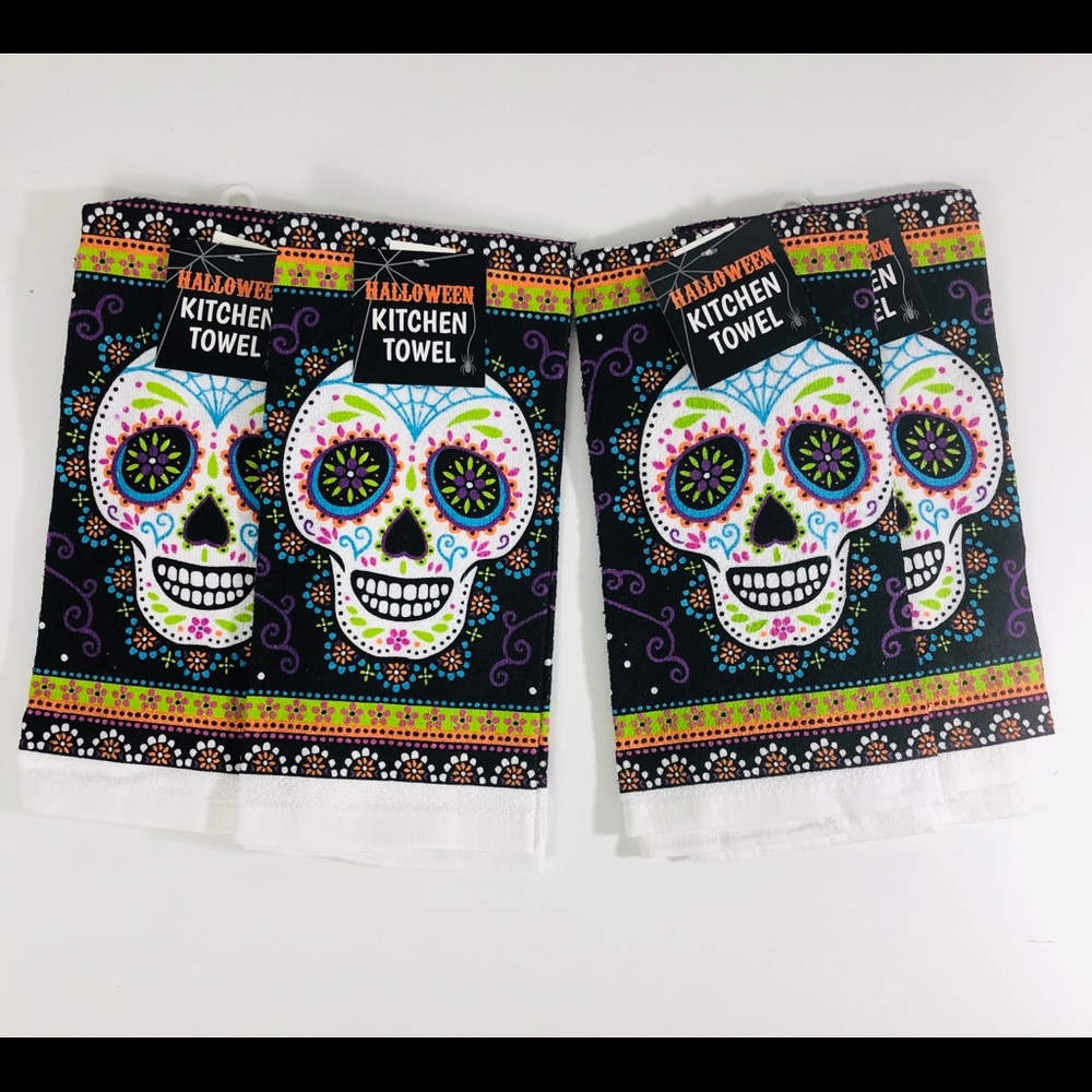 4 Sugar Skulls Kitchen Dish Tea Towels Halloween Decoation